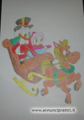 Disegno Paperone e Paperina in slitta a pastelli